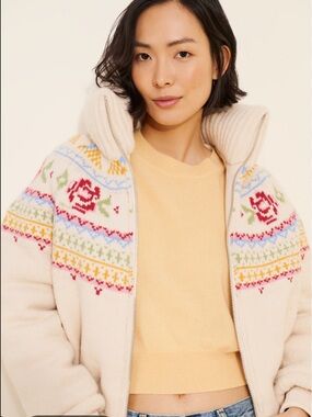 Anthropologie Cream Sweater Jacket with Multicolor Fair Isle Yoke